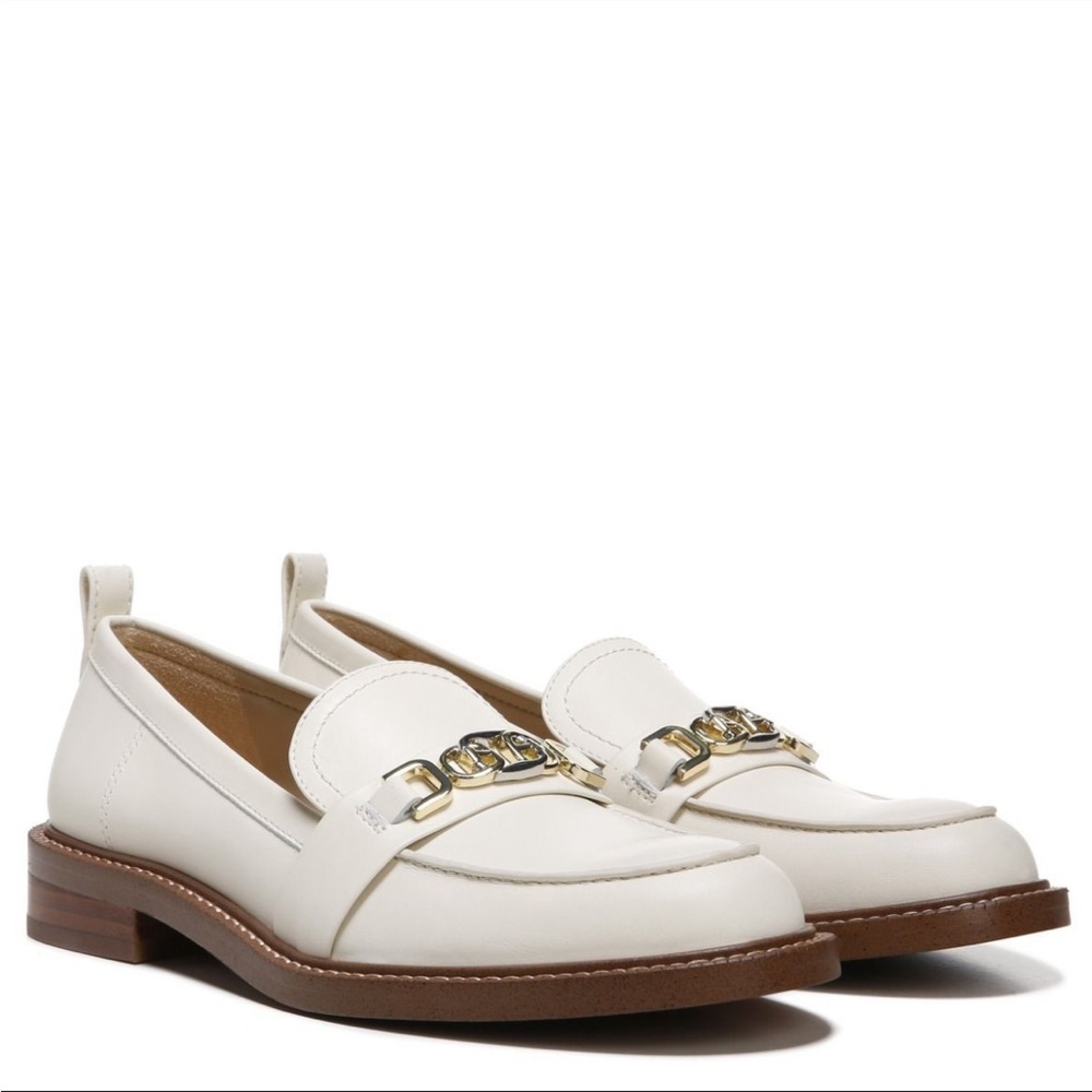 Sam Edelman White Leather Chain-Trim Loafers